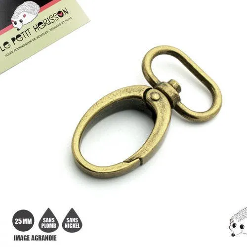 2 x 25mm mousquetons pivotants / metal / ovale / bronze antique