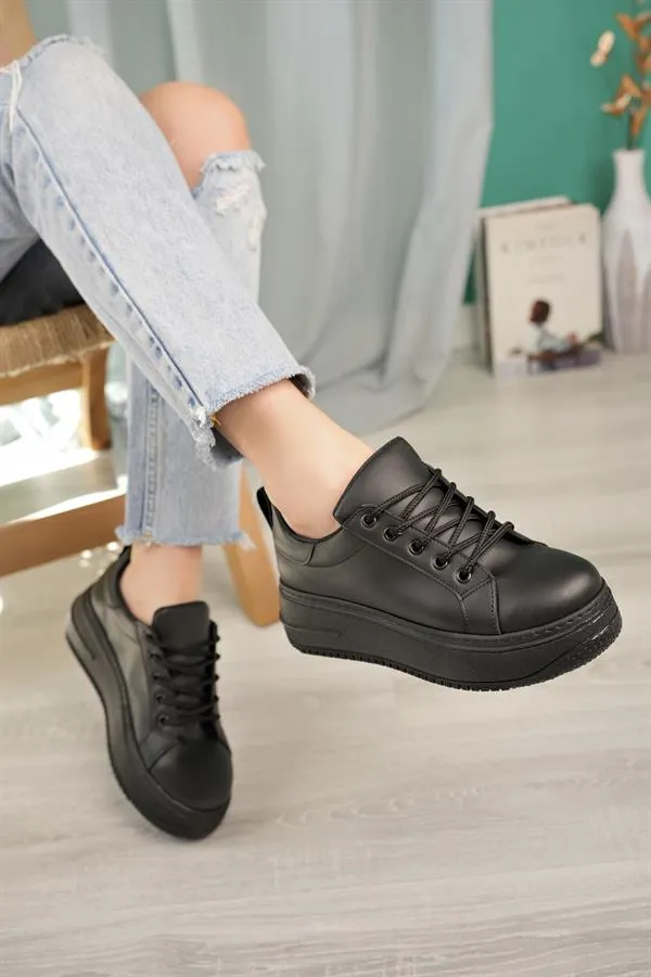 aymood bacikli kadin sporgünlük yüksek taban sneakers spor ayakkabi siyah cilt