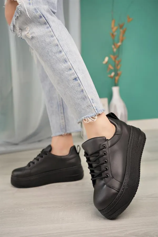 aymood bacikli kadin sporgünlük yüksek taban sneakers spor ayakkabi siyah cilt