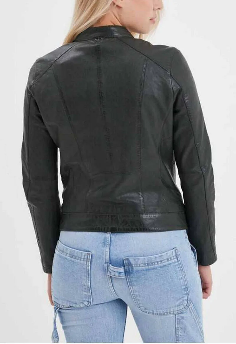 Blouson cuir femme style motard kaki