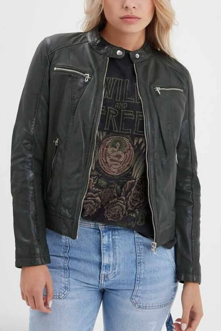 Blouson cuir femme style motard kaki