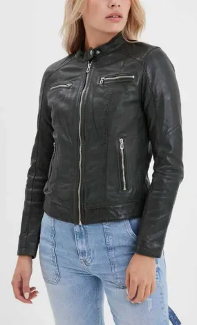 Blouson cuir femme style motard kaki