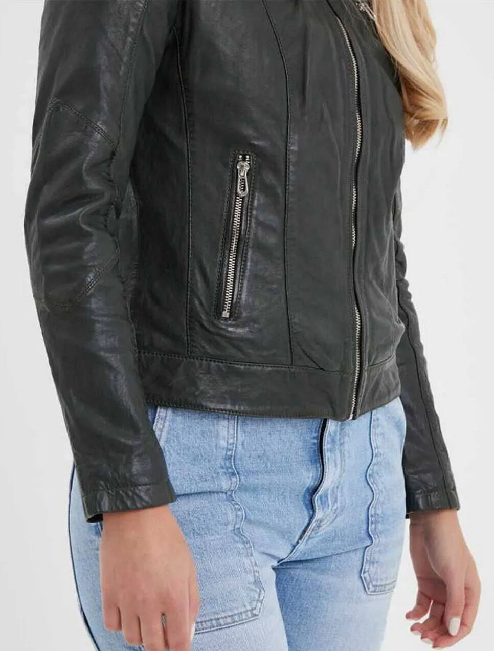 Blouson cuir femme style motard kaki