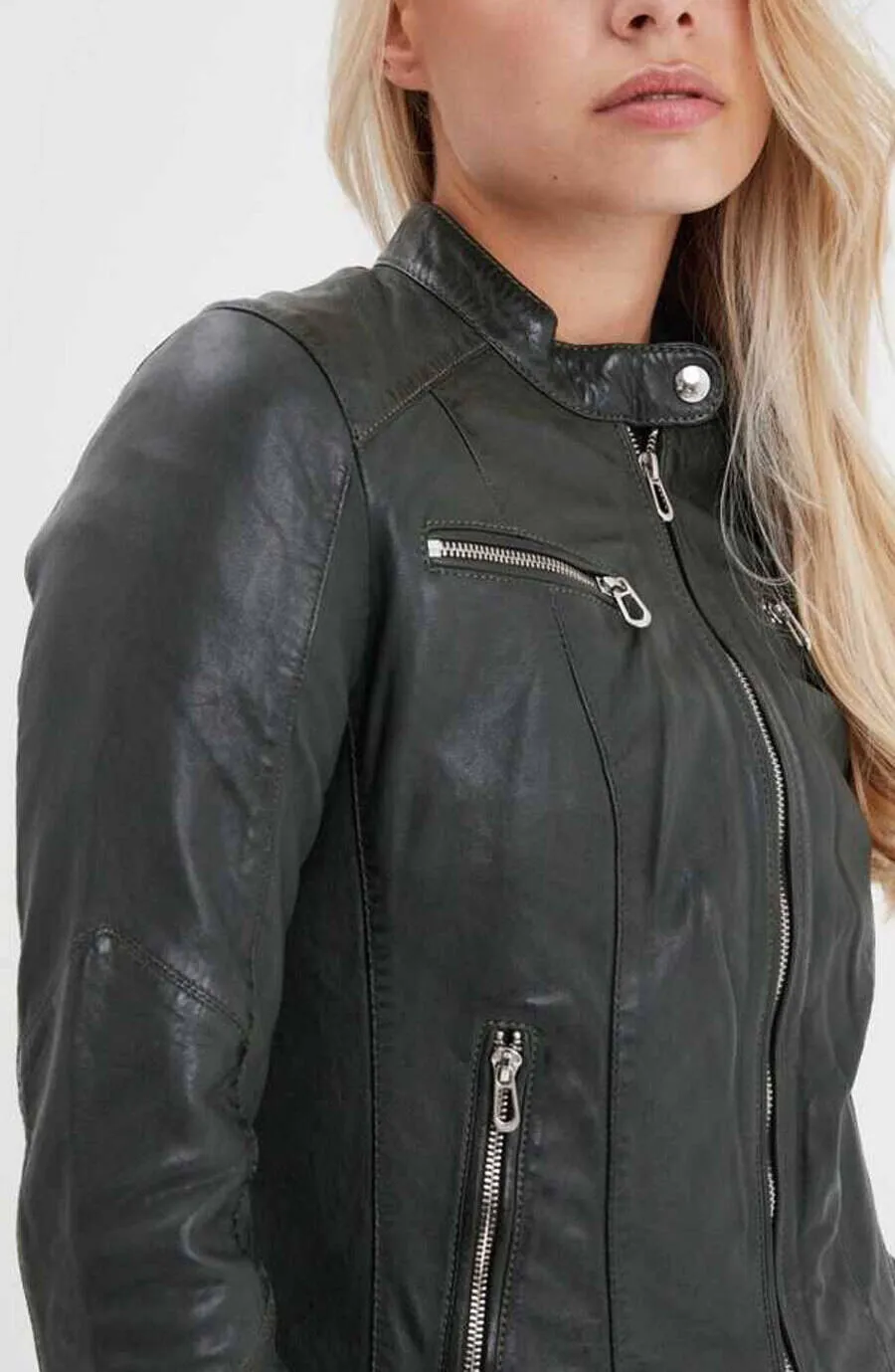 Blouson cuir femme style motard kaki