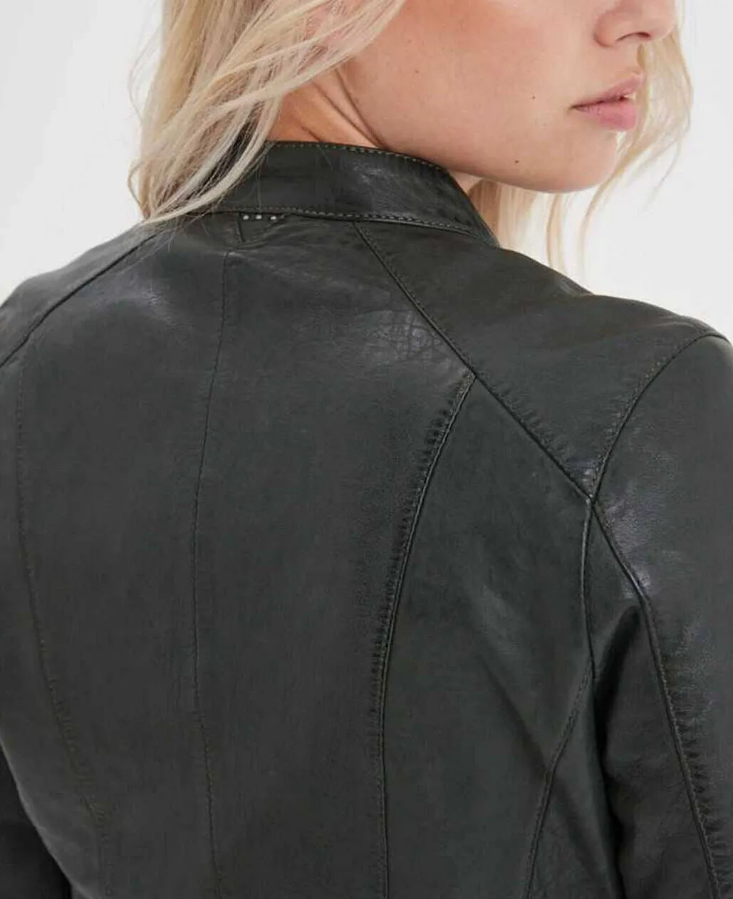 Blouson cuir femme style motard kaki