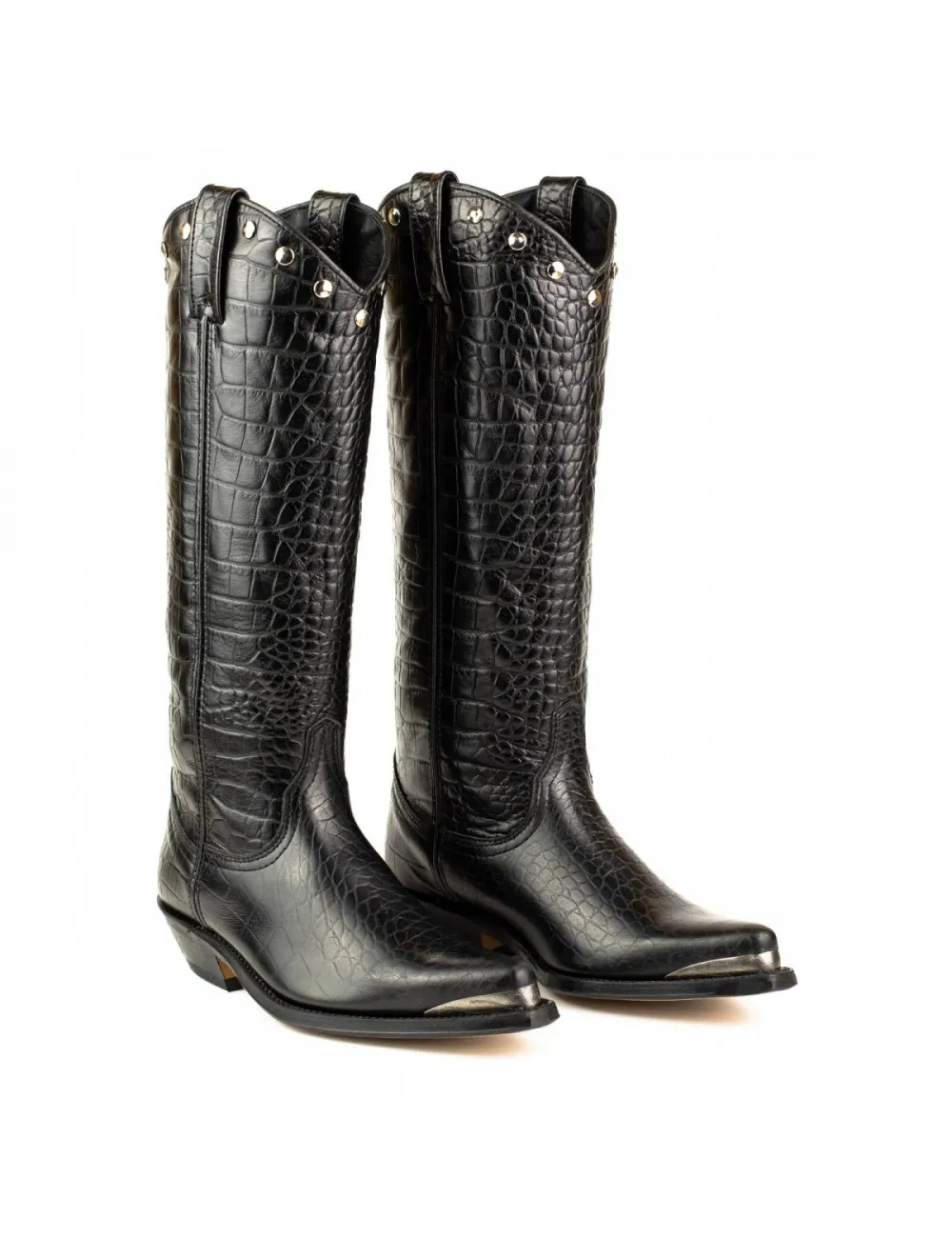 Bottes cowboy hautes cuir croco noir