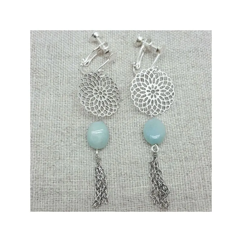 Boucles d'oreilles longues arabesque et pierre , clip ou percée. 