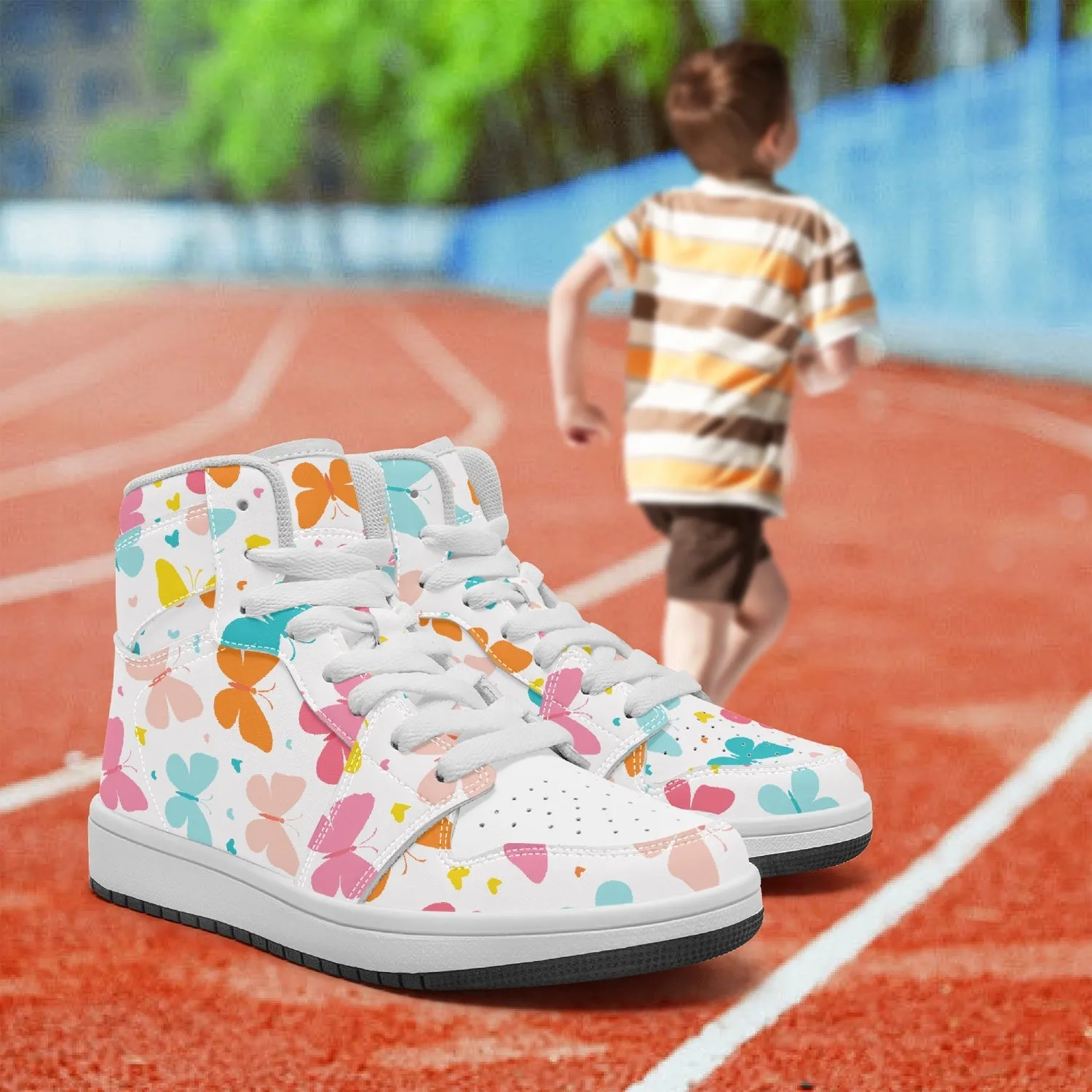 Chaussures montantes en cuir pour enfant Papillons roses, bleus et jaunes