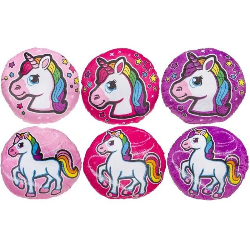Coussin rond avec des motifs de licorne, rose, violet et fuchsia