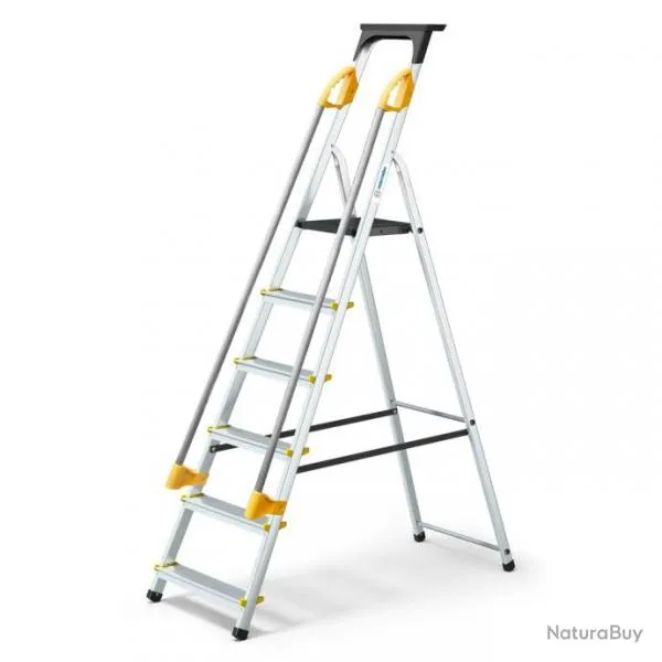 Escabeau 6 marches DURAMP sécurisé avec rampes, tablette porte-outils, marchepied pliable aluminium,