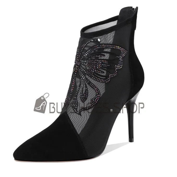 Fermeture Éclair Bottines Belle A Talon Haut 9 cm Chaussure De Soirée Filet Chaussures Ceremonie Moderne Suède Papillon Cuir Bot