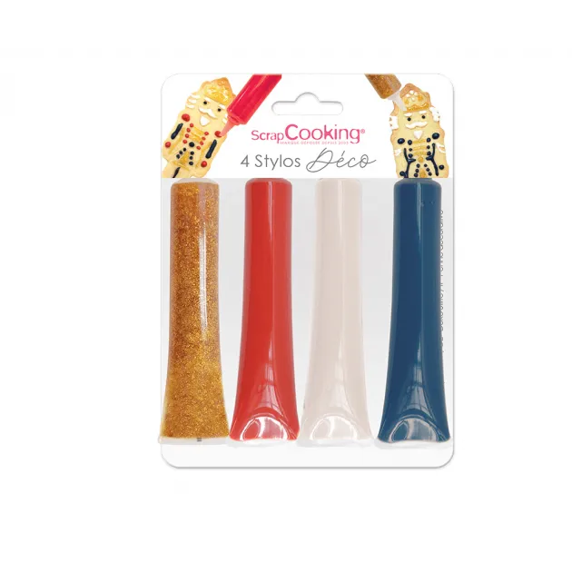 FIN DE SERIE Lot de 4 Stylos Alimentaires Bleu Rouge Blanc et Doré 25 g Scrapcooking