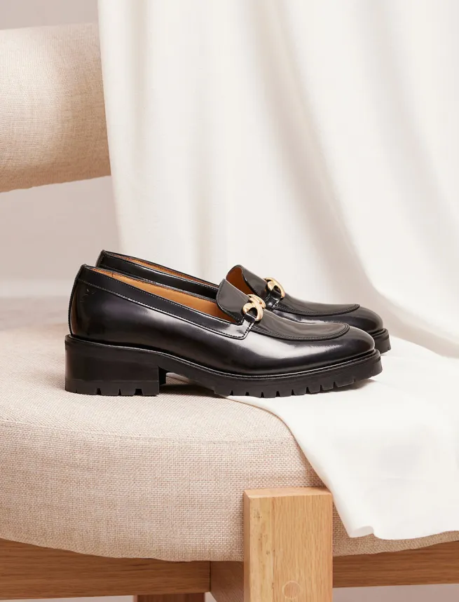 Mocassins Semelle Commando pour Femme en Cuir Noir glacé - Modèle Agnès