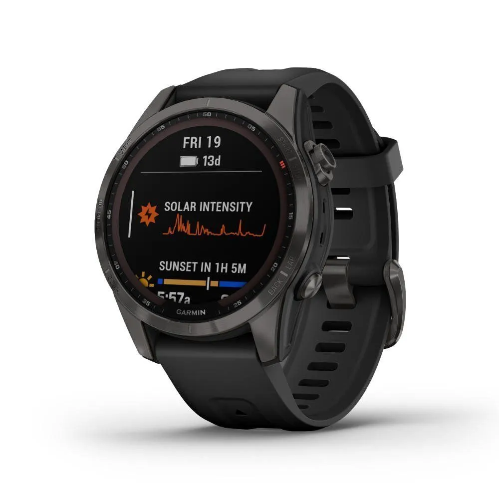 Montres de sport GARMIN | Garmin fenix 7S Sapphire Solar Titane Carbon Gray DLC avec Bracelet silicone Noir | 010-02539-25