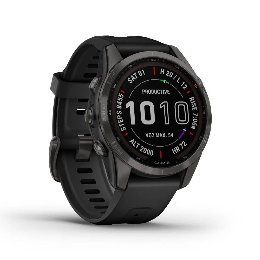 Montres de sport GARMIN | Garmin fenix 7S Sapphire Solar Titane Carbon Gray DLC avec Bracelet silicone Noir | 010-02539-25