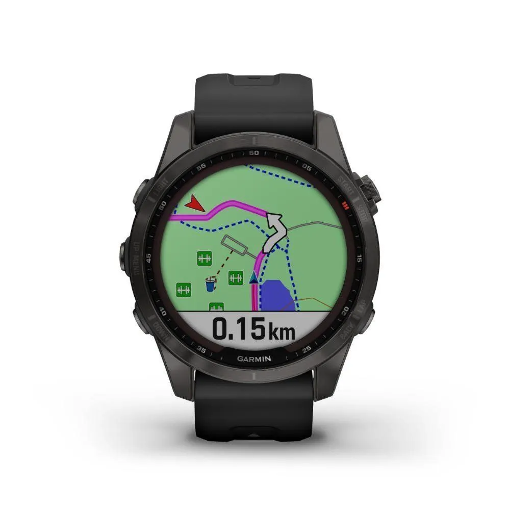 Montres de sport GARMIN | Garmin fenix 7S Sapphire Solar Titane Carbon Gray DLC avec Bracelet silicone Noir | 010-02539-25