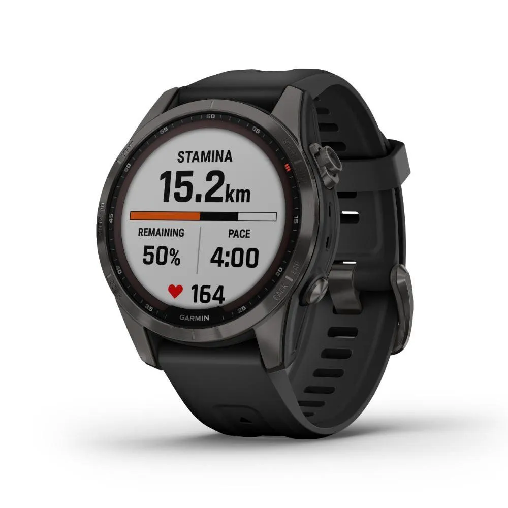 Montres de sport GARMIN | Garmin fenix 7S Sapphire Solar Titane Carbon Gray DLC avec Bracelet silicone Noir | 010-02539-25