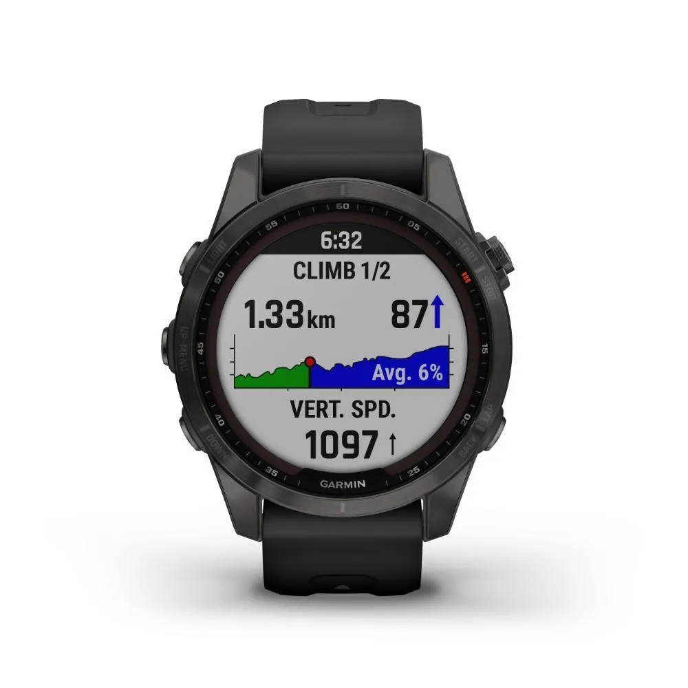 Montres de sport GARMIN | Garmin fenix 7S Sapphire Solar Titane Carbon Gray DLC avec Bracelet silicone Noir | 010-02539-25