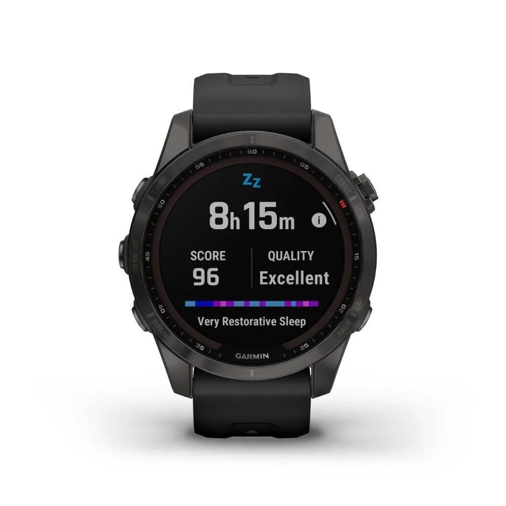 Montres de sport GARMIN | Garmin fenix 7S Sapphire Solar Titane Carbon Gray DLC avec Bracelet silicone Noir | 010-02539-25