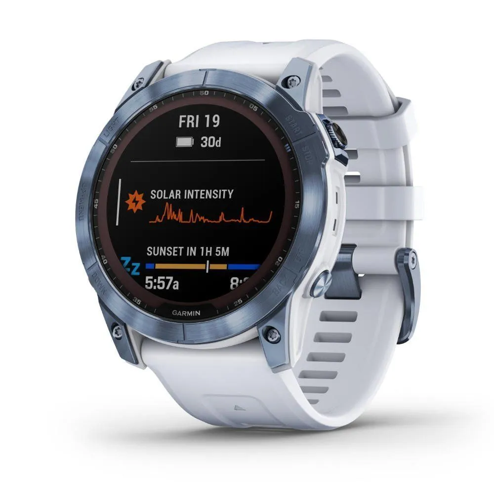 Montres de sport GARMIN | Garmin fenix 7X Sapphire Solar Titane Cobalt Blue avec Bracelet silicone Blanc | 010-02541-15