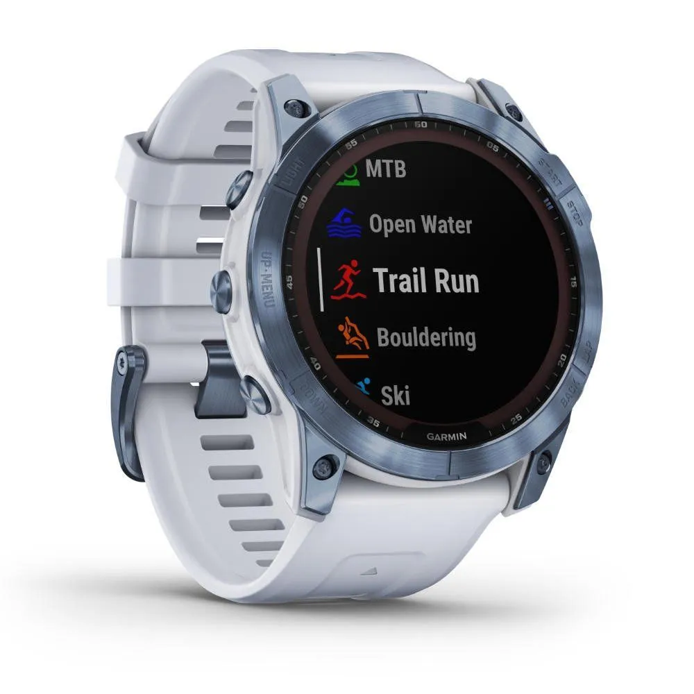 Montres de sport GARMIN | Garmin fenix 7X Sapphire Solar Titane Cobalt Blue avec Bracelet silicone Blanc | 010-02541-15