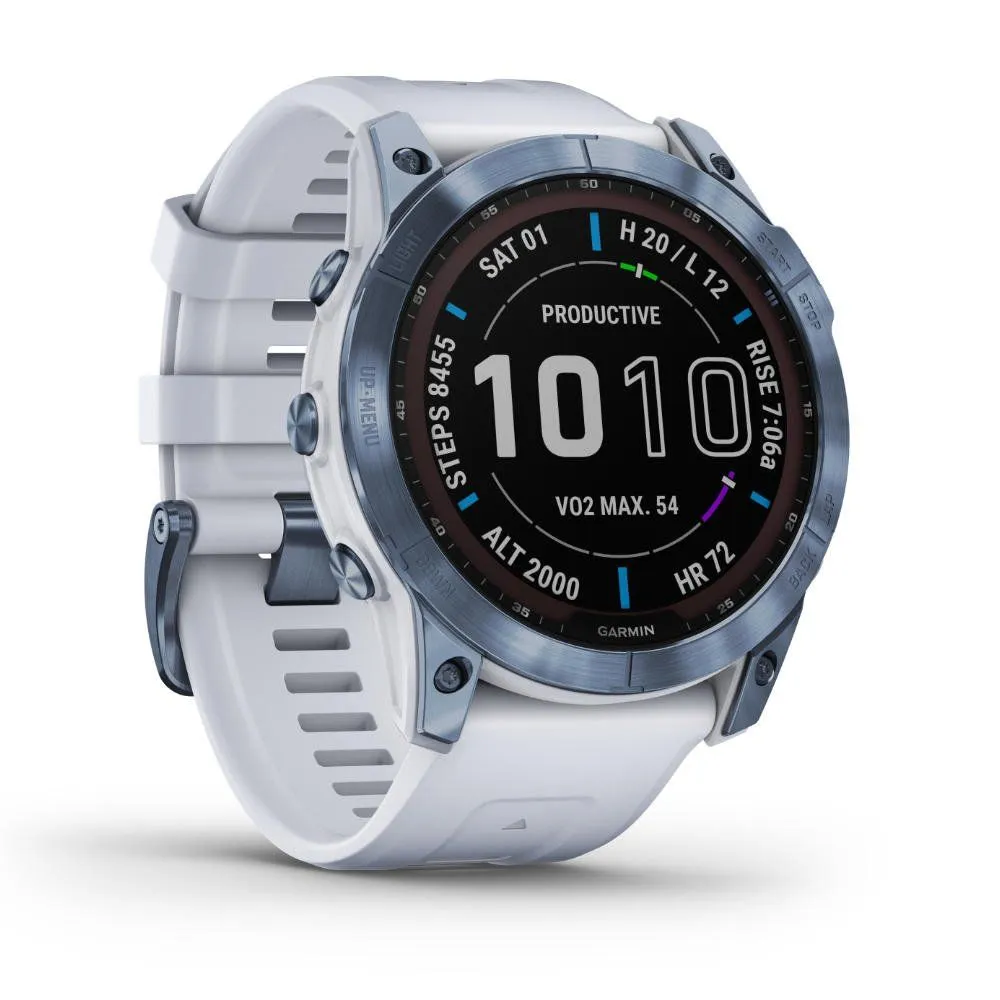 Montres de sport GARMIN | Garmin fenix 7X Sapphire Solar Titane Cobalt Blue avec Bracelet silicone Blanc | 010-02541-15