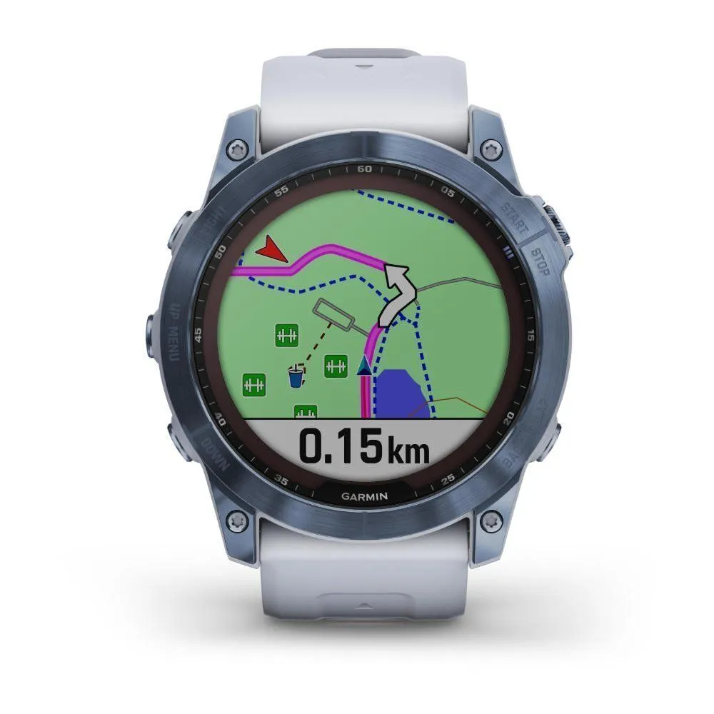 Montres de sport GARMIN | Garmin fenix 7X Sapphire Solar Titane Cobalt Blue avec Bracelet silicone Blanc | 010-02541-15