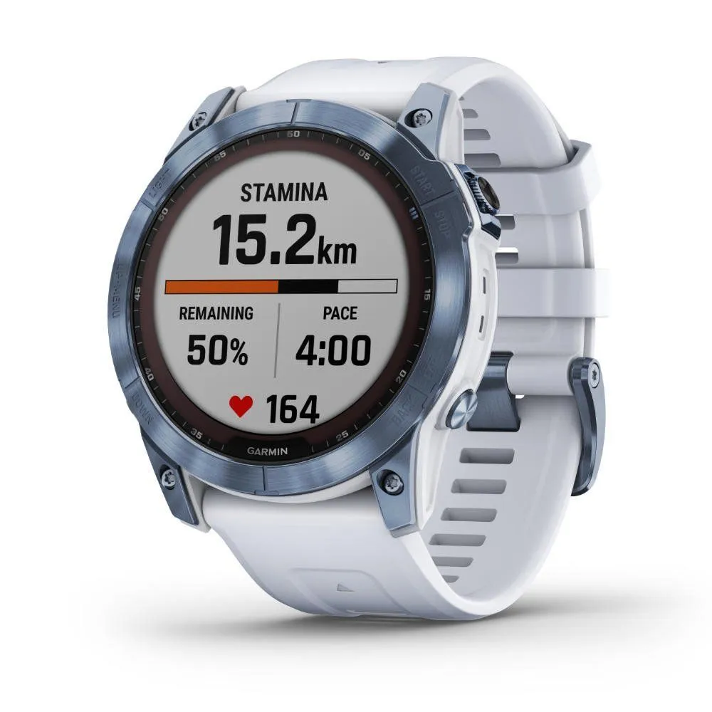 Montres de sport GARMIN | Garmin fenix 7X Sapphire Solar Titane Cobalt Blue avec Bracelet silicone Blanc | 010-02541-15