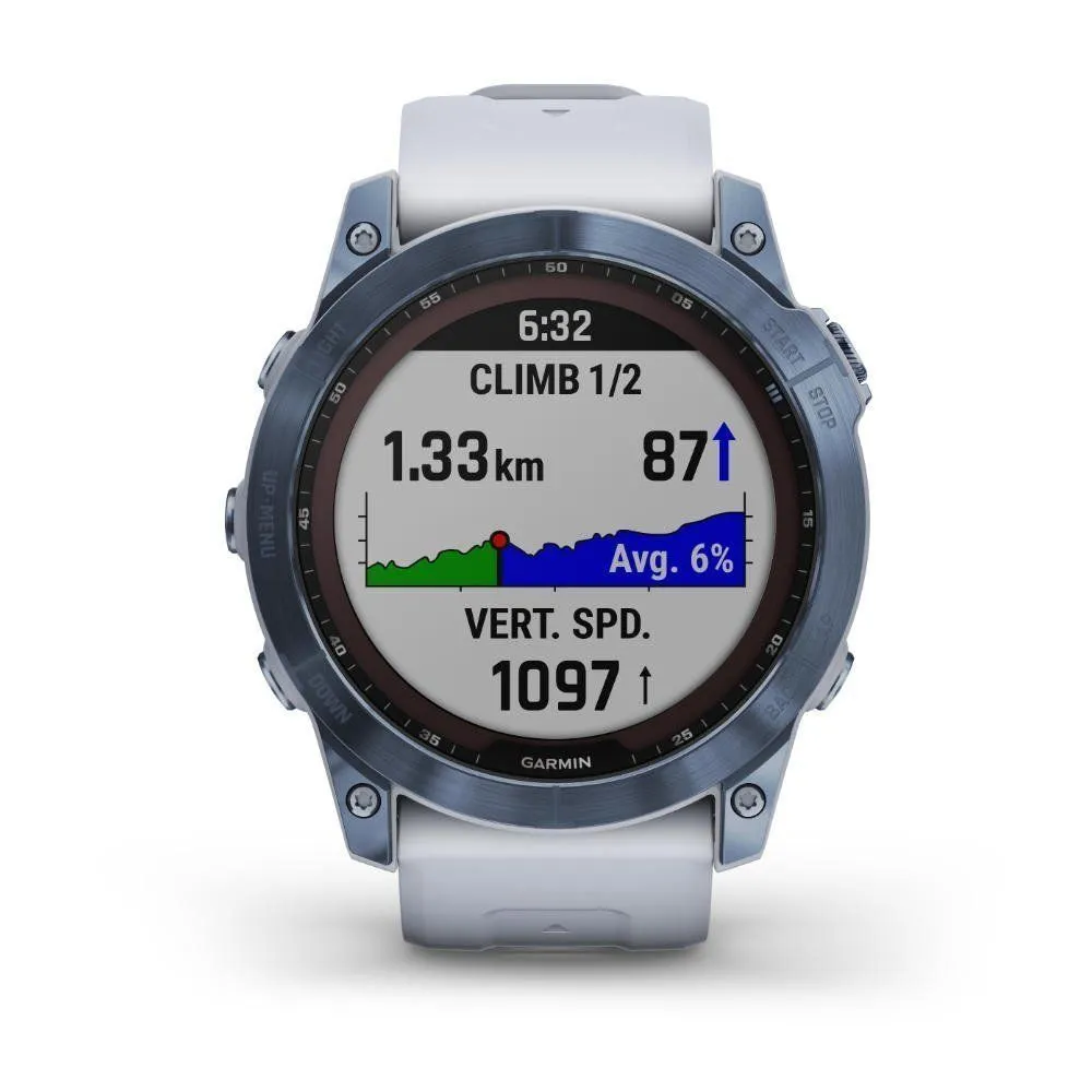 Montres de sport GARMIN | Garmin fenix 7X Sapphire Solar Titane Cobalt Blue avec Bracelet silicone Blanc | 010-02541-15