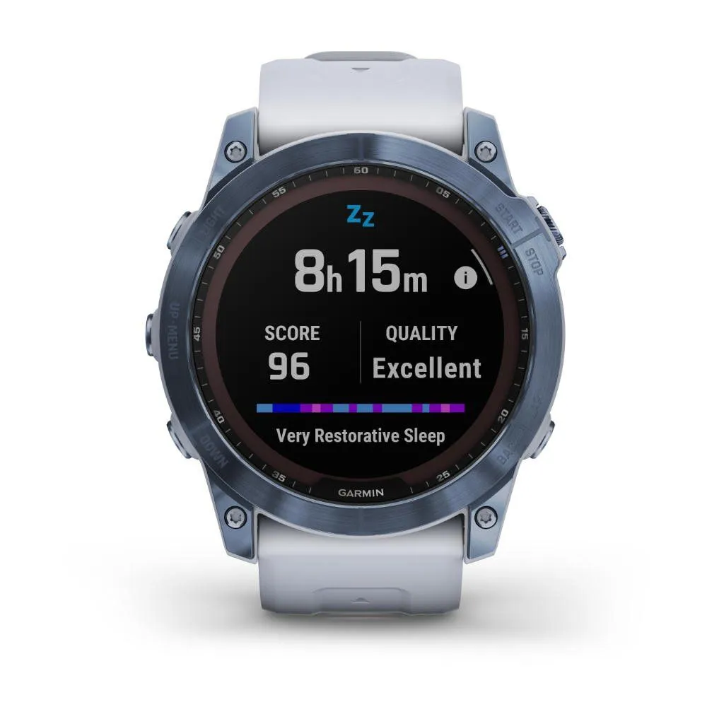 Montres de sport GARMIN | Garmin fenix 7X Sapphire Solar Titane Cobalt Blue avec Bracelet silicone Blanc | 010-02541-15