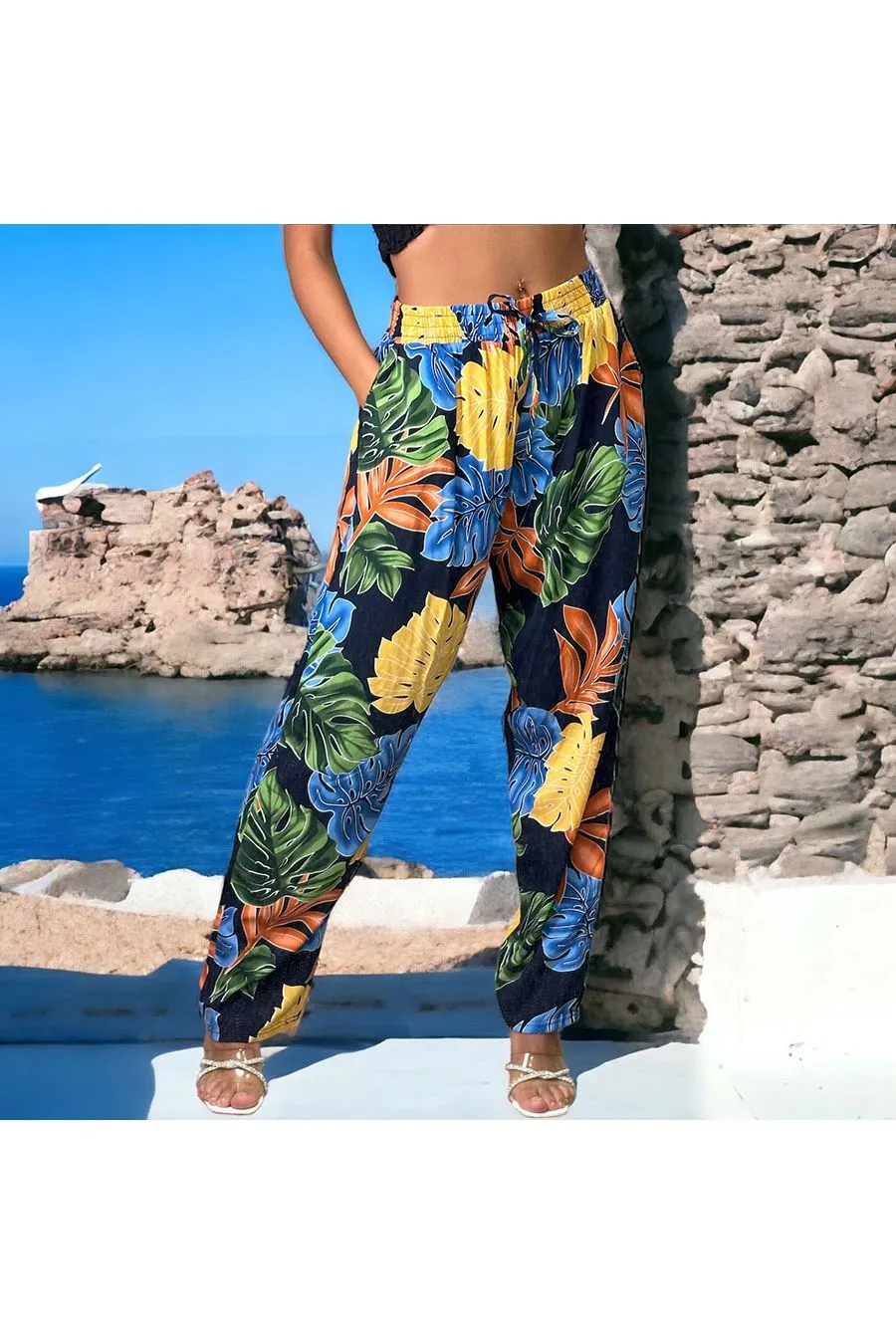 Pantalon palazzo marine imprimé tropical