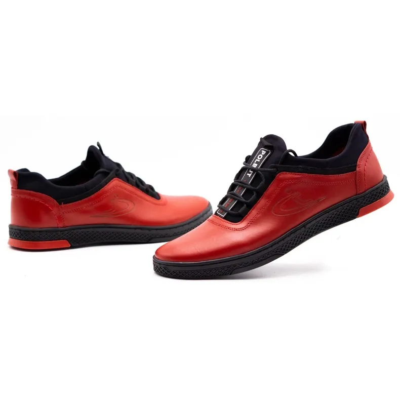 Polbut Chaussures casual en cuir pour hommes rouges K24 avec dessous noir