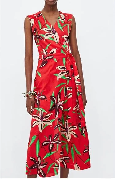 Robe rouge à fleur motif été coloré sans manche col en V pour femme